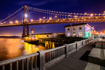 Holiday lights at the Embarcadero Fire Station and the Bay Bridge